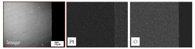 Fig. 3.2.3.11 Cross-sectional SEM image and elemental distribution of Pt electrode corroded at 650℃ for 72 h in molten salt of LiCl-3%Li2O.