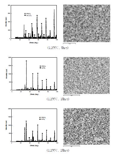 Fig. 3.2.4.16 XRD patterns and SEM photographs of the sintered SrRuO3-3mol% CaTiO3 according to sintering time at 1,200℃.