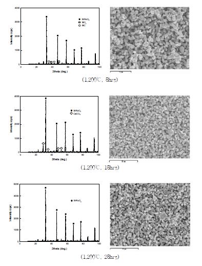 Fig. 3.2.4.20 XRD patterns and SEM photographs of the sintered SrRuO3-3mol% CaSiO3 according to sintering time at 1,200℃.