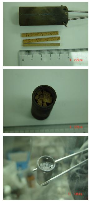 Fig. 3.4.1.6 MgO sticks and basket (top), before LiCl wetting (middle), after LiCl wetting (bottom).