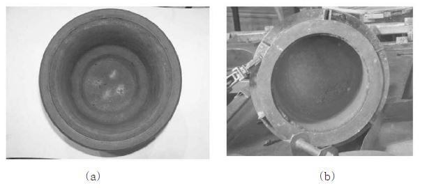 Fig. 2.2.3 (a) Zirconia-based crucible and (b) after cathode processor test.