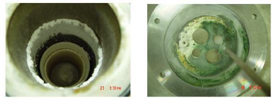 Fig. 3.1.2.2 Photographs of the vaporized salt on the inside wall of the reactor.