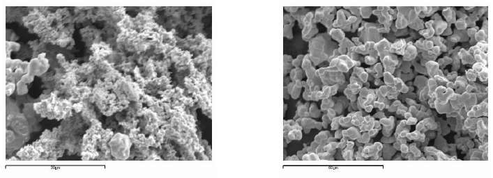 Fig. 3.1.2.13 SEM images of U3O8 power and the reduced metal powder.