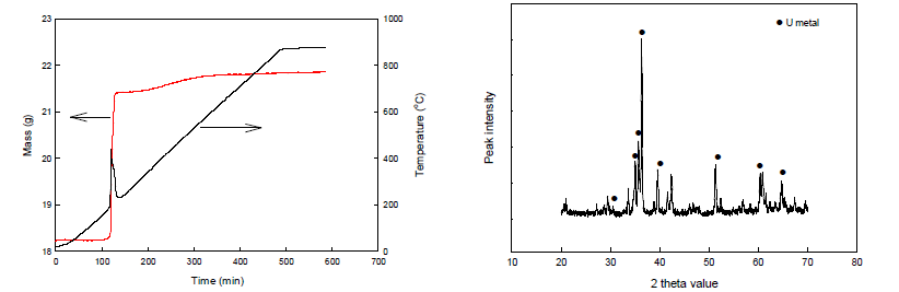 Fig. 3.1.2.14 TGA and XRD results of the reduced metal powder.