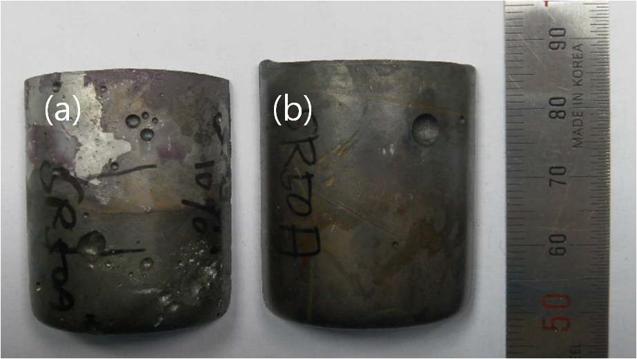 Fig. 3.5.18 Specimen dimensions of (a)S32050 (10% Ta) and (b)S32050 (0% Ta) after induction melting