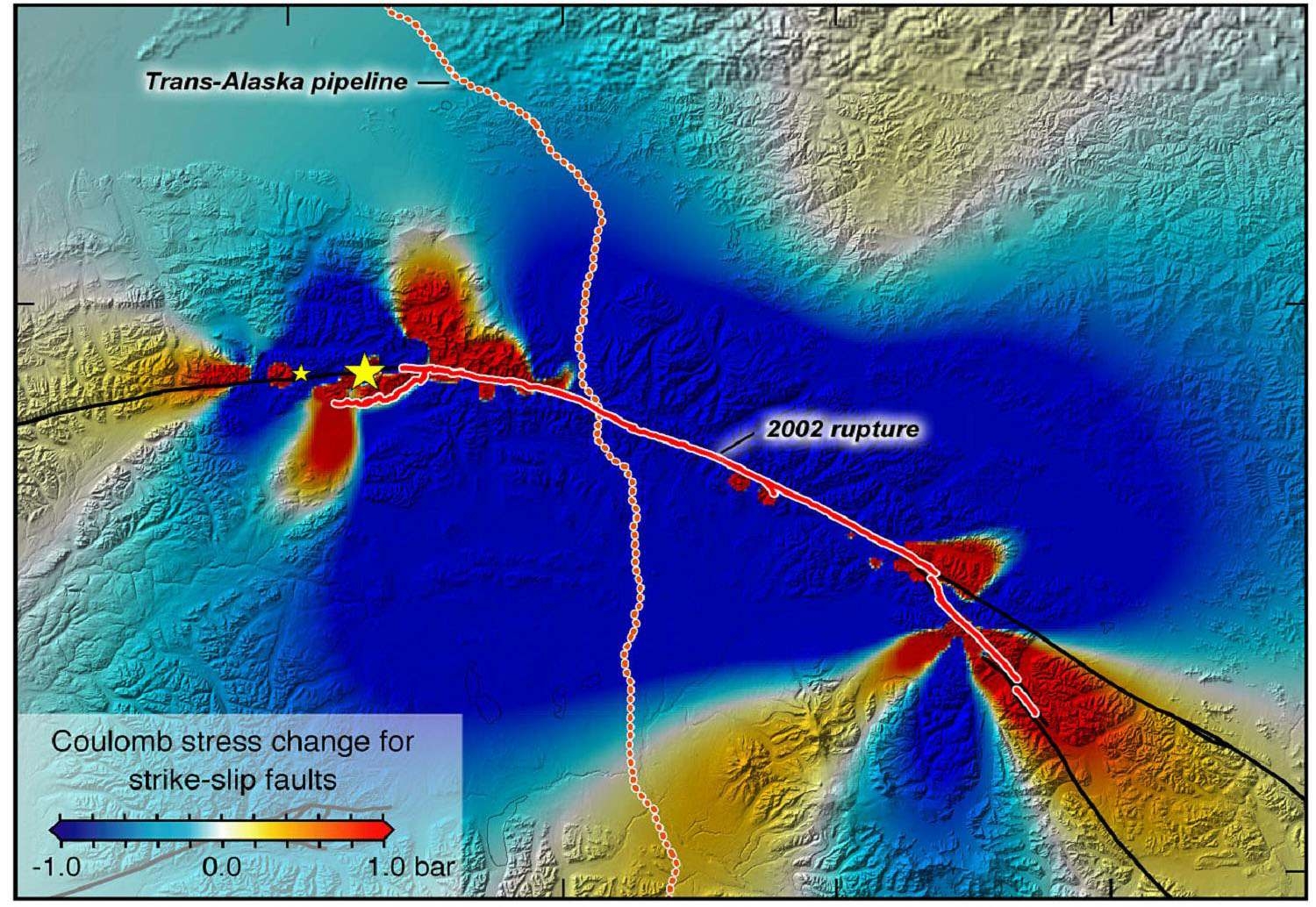 그림 1.1-1. Denali fault를 따른 지진에 의한 단층 주변의 쿨롬응력변화와 Trans-Alaska pipeline의 위치