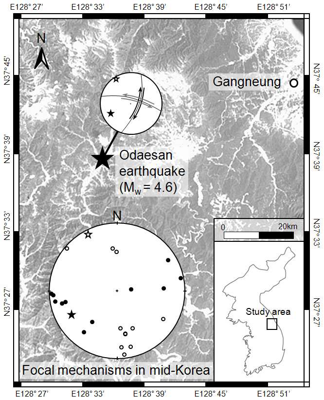 그림 1.2-8. 오대산지진의 진앙과 포컬 메카니즘