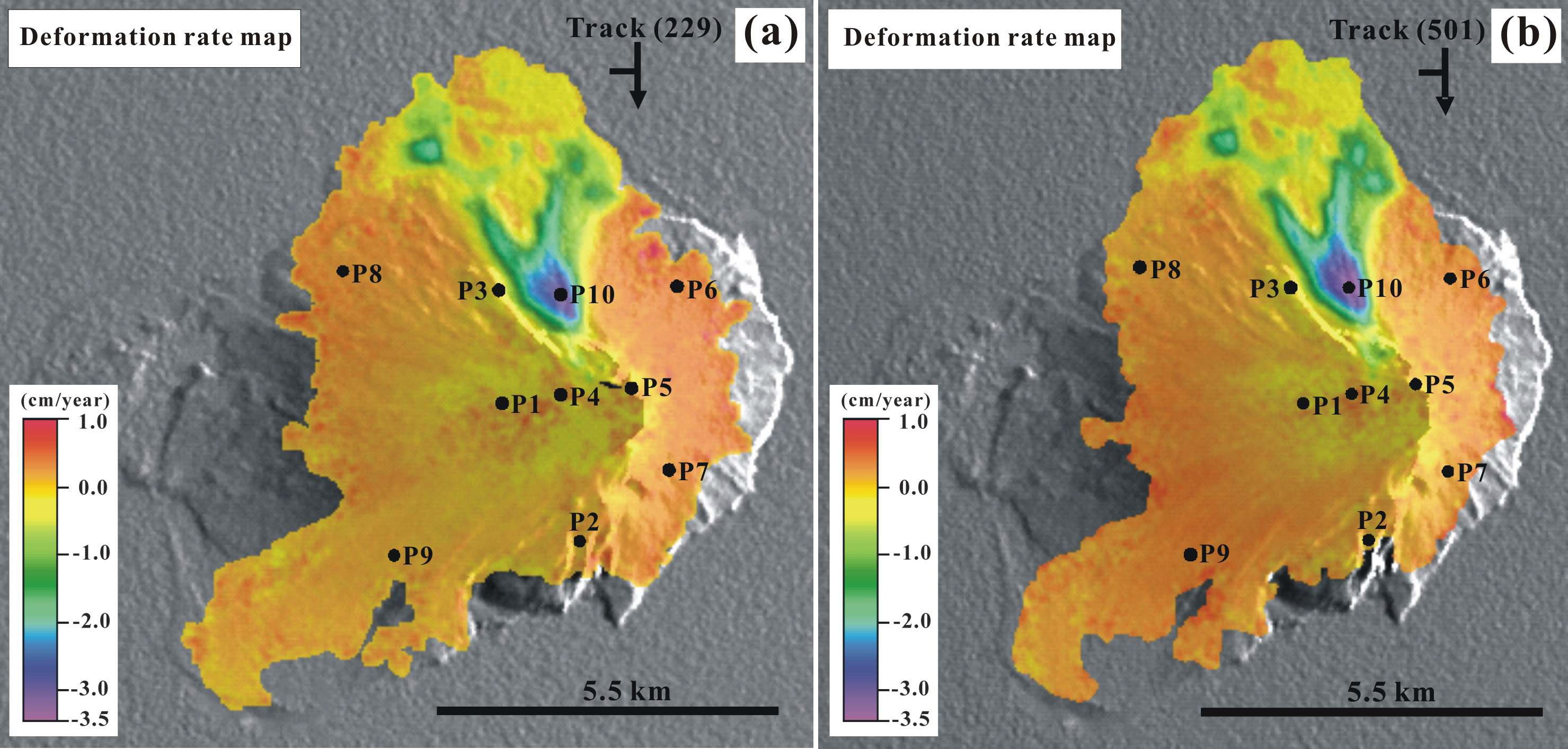 그림 1.3-8. 어거스틴 화산섬의 15년간의 평균 지표 변위맵
