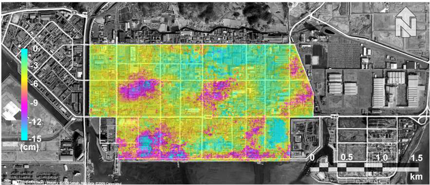 그림 1.3-23. RADARSAT-1 레이더 영상의 차분간섭영상을 이용한 녹산공단지역의 지표변위 관측도(2002-2003).