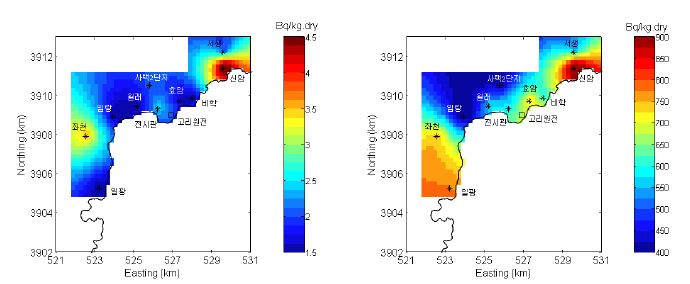 그림 6-21. 2002년 고리원자력발전소 주변 토양의 Cs-137(좌) 및 K-40(우)의 연평균농도 분포
