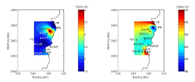 그림 6-22. 2002년 월성원자력발전소 주변 토양의 Cs-137(좌) 및 K-40(우)의 연평균농도 분포