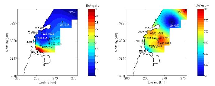 그림 6-23. 2002년 영광원자력발전소 주변 토양의 Cs-137(좌) 및 K-40(우)의 연평균농도 분포