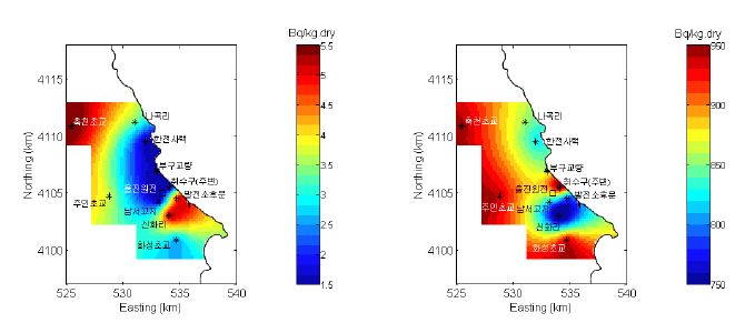 그림 6-24. 2002년 울진원자력발전소 주변 토양의 Cs-137(좌) 및 K-40(우)의 연평균농도 분포