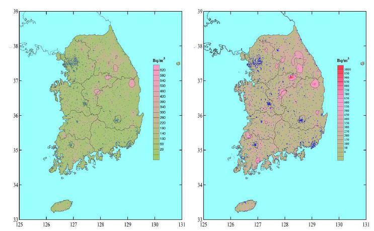 그림 96. 연평균 실내 라돈 농도 기준 실내 라돈 등준위도(좌측)와 겨울철 실내 라돈 농도 기준 실내 라돈 등준위도(우측)