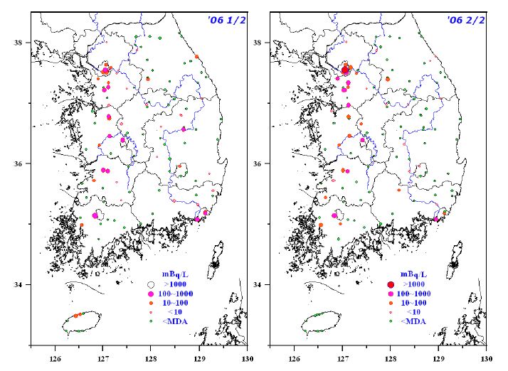 그림 99. 2006년 상반기 및 하반기 전국 지표수에서의 131I의 검출현황