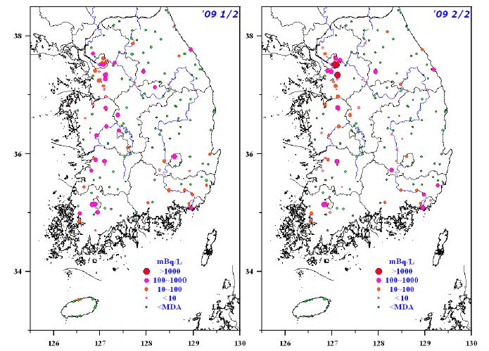 그림 102. 2009년 상반기 및 하반기 전국 지표수에서의 131I의 검출현황