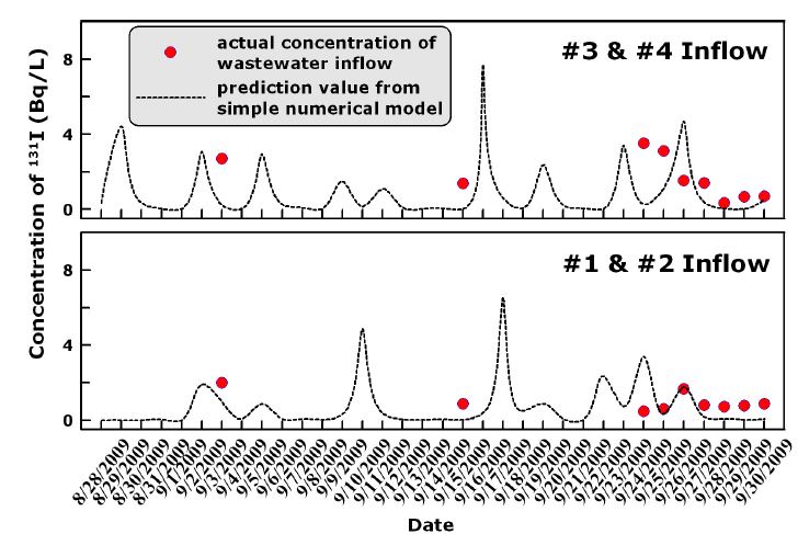 그림 115. 유입수의 131I 농도에 대한 수치모델 결과와 실제 분석 값과의 비교