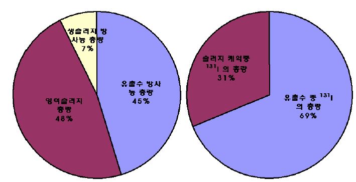 그림 126. 생슬러지, 잉여슬러지, 방출수 중 131I의 방사능 총량(좌측), 슬러지 케익과 방출수 중 포함된 방사능 총량 (우측)