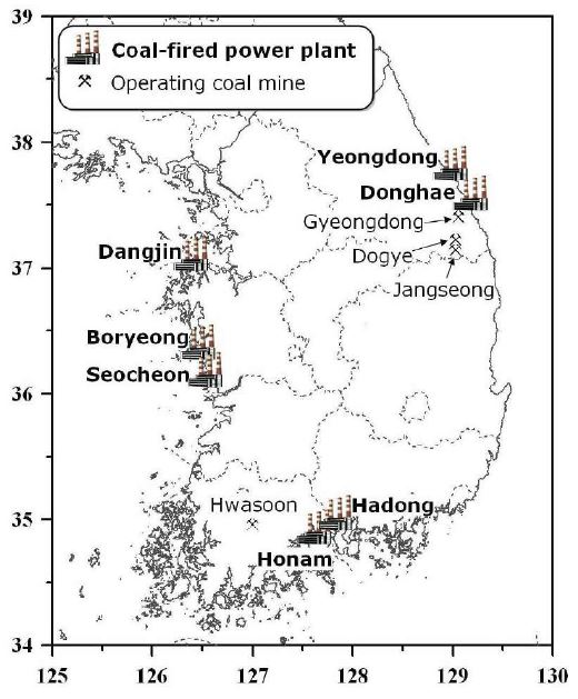 그림 150. 국내 유연탄 및 화력발전소 석탄회 시료채취지점