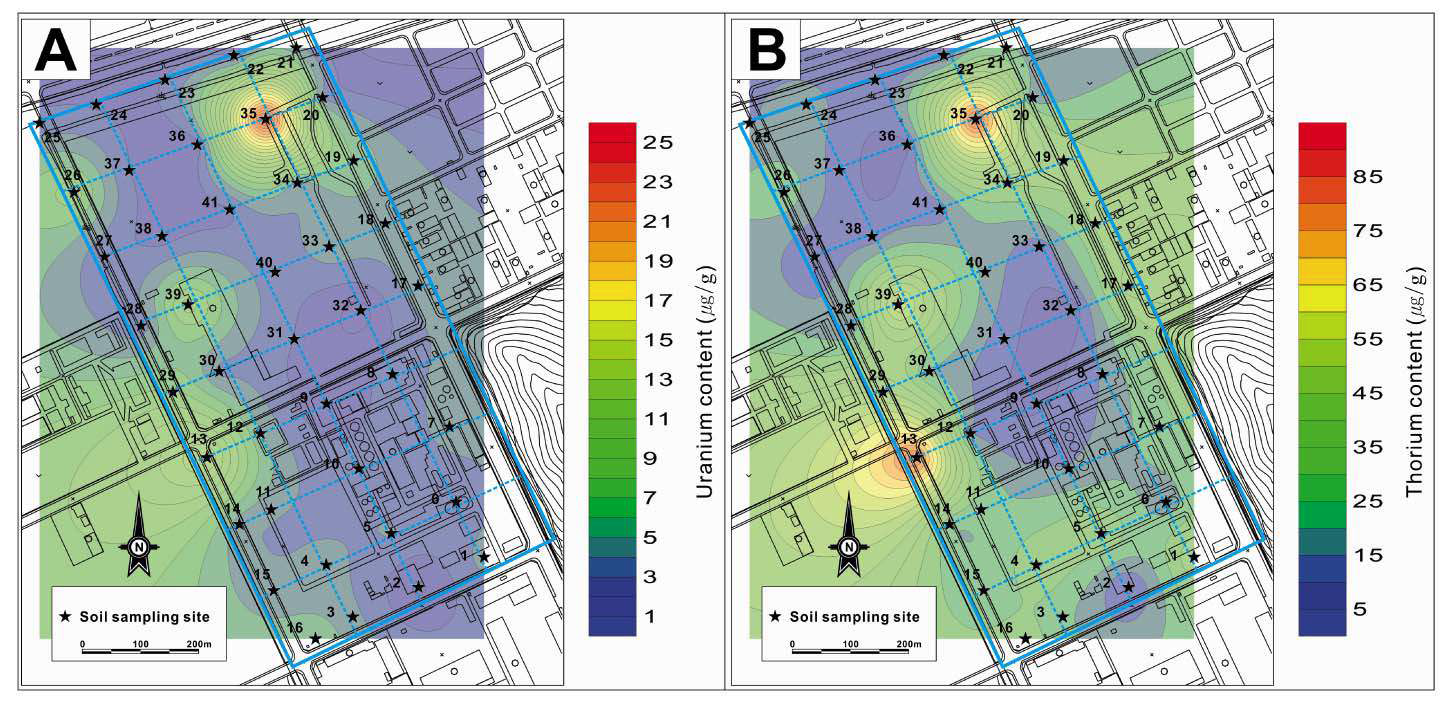 그림 167. 심층(30cm) 채취 토양에 대한 U, Th 농도 등준위도