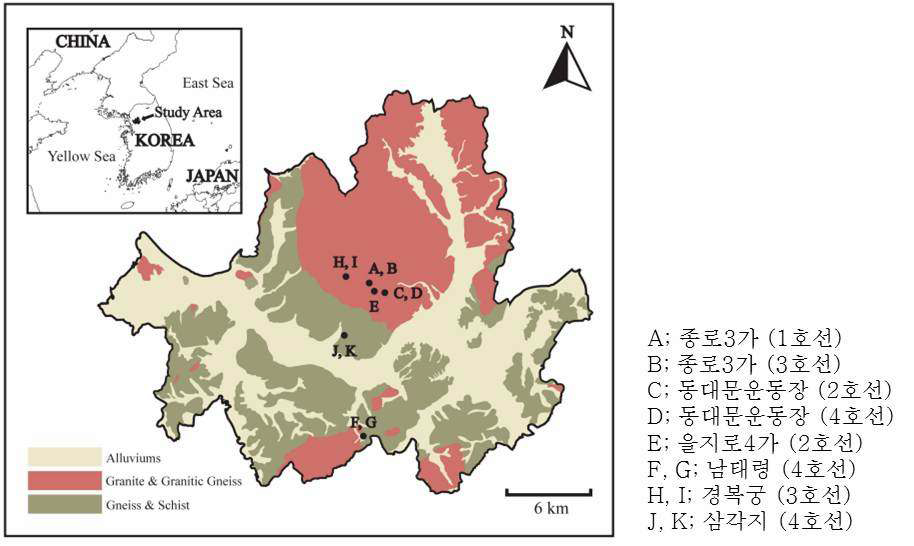 그림 8. 서울시 지질도 및 조사대상 역사 위치