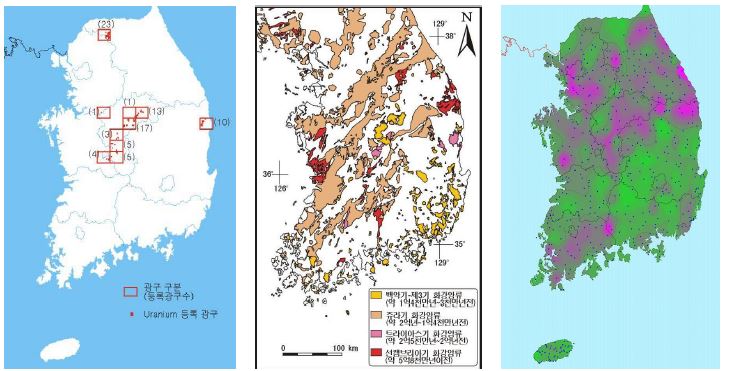 그림 25. 우라늄등록광구 위치도(좌측), 지질연대별 화강암 분포도(중앙), 표층토양에 대한 226Ra 등준위도(우측)