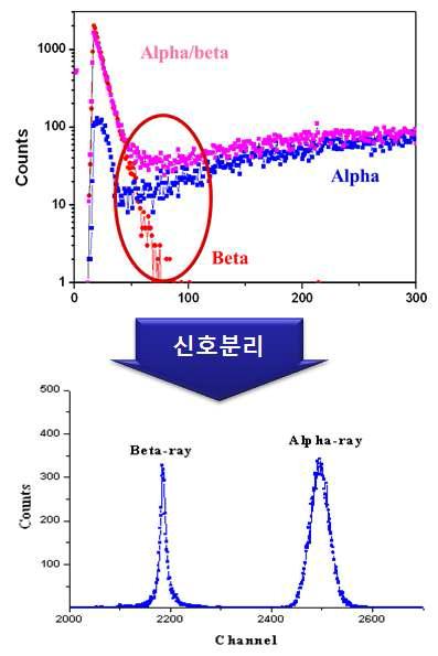 알파/베타선의 동시 측정 스펙트럼 및 파형분석법을 이용한 알파선과 베타선의 신호분리.