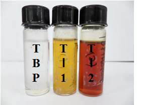 Fig. 3.3.43. Samples of two Uranium -bearing TBP-dodecane waste solvents and pure TBP for the analysis of their pyrolysis gas at different temperatures.