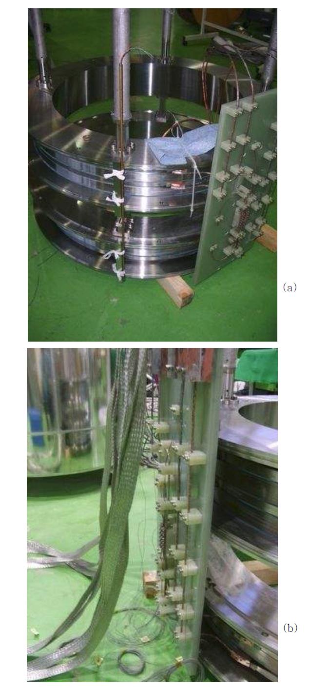 초전도 코일 및 보빈 (a) LHe gauge 설치 (b) 온도 센서 및 전압탭 설치.