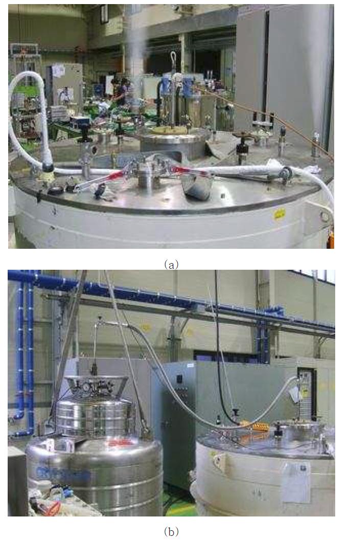 (a) 헬륨 주입 준비 완료, (b) 액체 헬륨 주입.