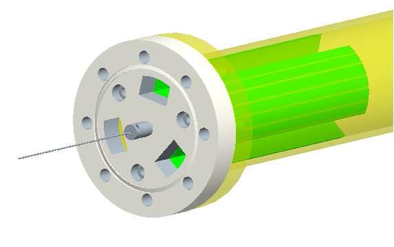 고주파 입사 쪽 철심 마개(연두색) 및 마개 고정용 플랜지(회색)의 형상. 중앙의 전선은 내부에 들어있는 바이어스 디스크에 -1 kV 정도의 전압을 공급하기 위한 것이다. 전선은 알루미나 관을 통해 철심마개를 통과한다.