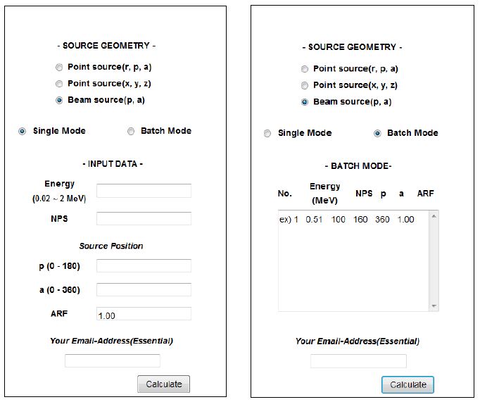 그림 3-39. 표준한국인 선량계산용 웹사이트, 단일 모드(좌)와 배치 모드(우)