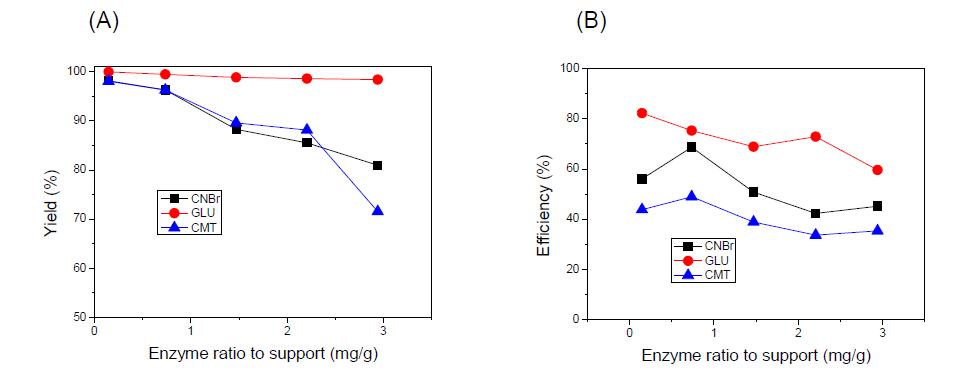 Effect of functional groups on the immobilization (A) yield and (B) efficiency.