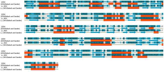 Multiple sequence alignment (MSA) of water-Forming NAD(P)H oxidase. 2CDU from Lactobacillus sanfranciscensis, Lr_NOX from Lactobacillus rhamnosus.