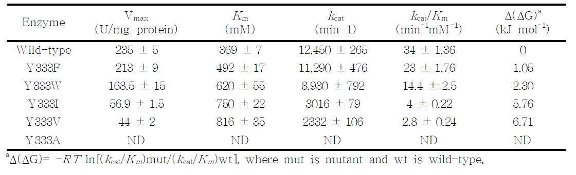 Kinetic parameters determined for BLAI wild-type and Y333 mutants
