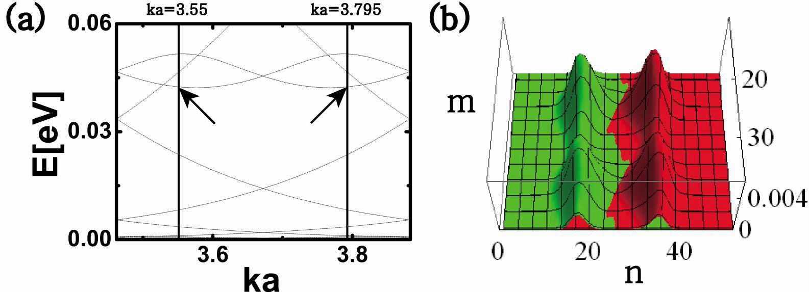 (a) 지그재그 나노리본에서의 밴드 구조를 나타낸 그림. 파라미터는 R/ℓ=1.47, V=1eV를 사용하였다. (b) 서 있는 파동의 확률밀도는 ka=3.55(?간색)과 ka=3.795(녹색)에서 축퇴된 에너지 상태들에 의해 만들어진다. 그림에서는 무한히 긴 나노리본의 일부분만 나타낸 것이다.