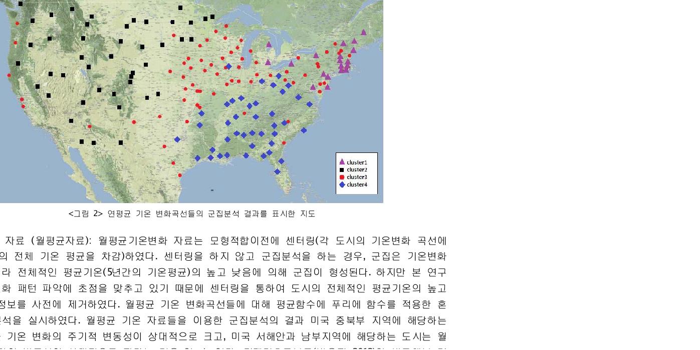 연평균 기온 변화곡선들의 군집분석 결과