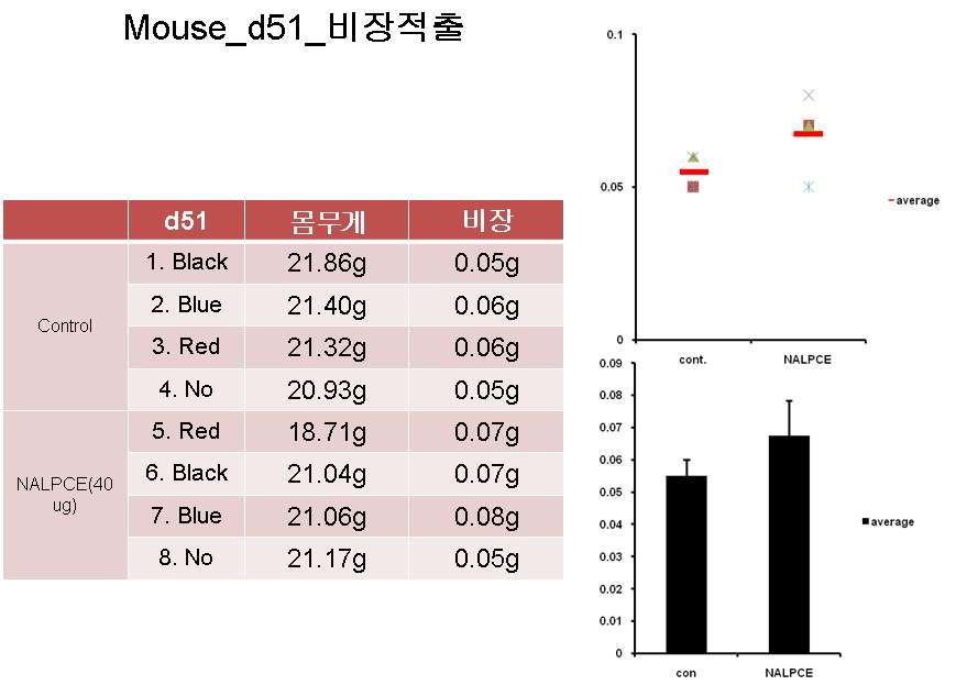 mouse에 방사선을 쪼여 thrombocytopenia 를 유도 한 후 약물 투입 후 51일 비장을 적출하여 무게측정