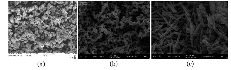 Hydrothermal synthesis로 제조된 LiFePO4의 precursor solution 농도에 따른 SEM images