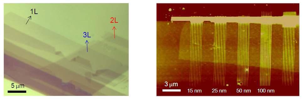 (좌) 기계적 박리법으로 만들어진 그래핀 시료의 광학현미경 이미지. (우) 전자빔 식각 기술을 이용하여 GNR의 etch mask를 만들고 측정한 AFM 이미지.