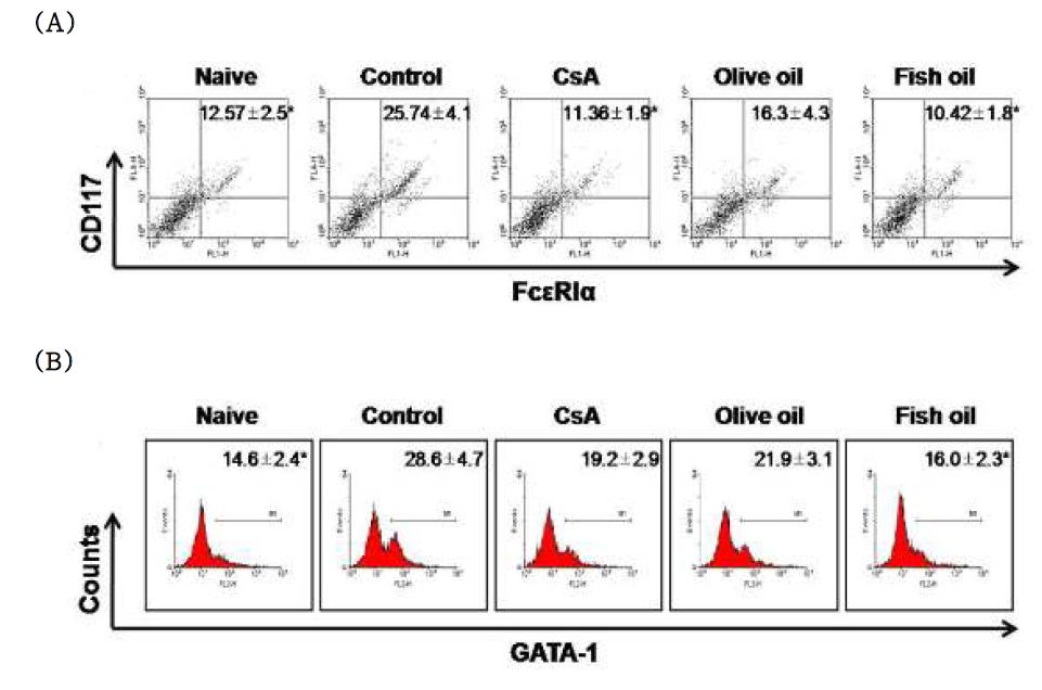 (A) Flow cytometry analysis of CD117+and FcεRIα+double positive cells. (B) Determination of GATA-1 expression in the CD117+and FcεRIα+double positive cells from dorsal skin of NC/Nga mice