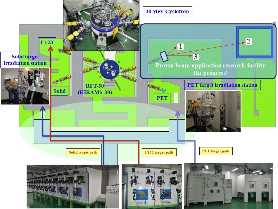 그림 1. 사이클로트론 종합 연구시설 가속기, 빔라인 및 핫셀