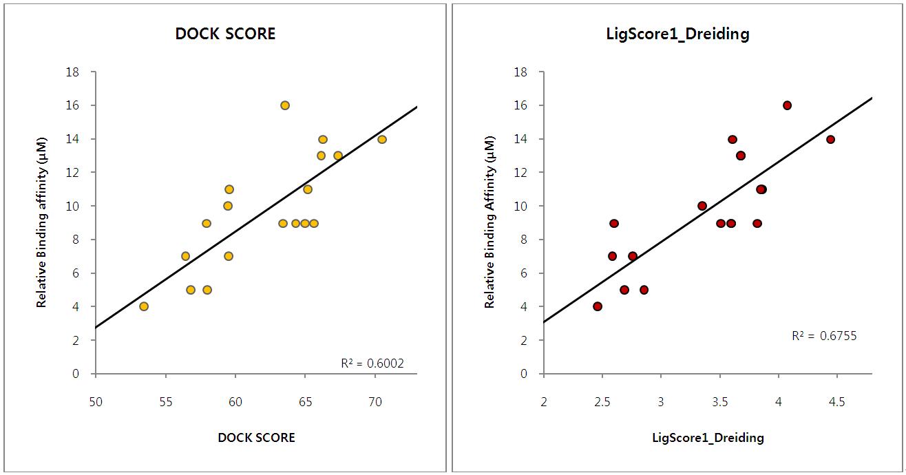 Scoring Functions (Dockscore와 Ligscore1)과 in vitro binding affinity와의 상관관계 (R2≥0.6).