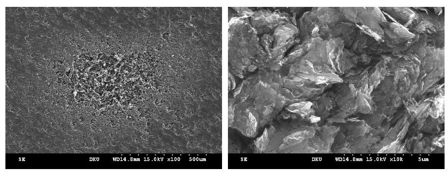 전자빔 조사 후 폭발적인 표면손상이 일어난 graphite tile의 표면(좌 ×, 우 ×)