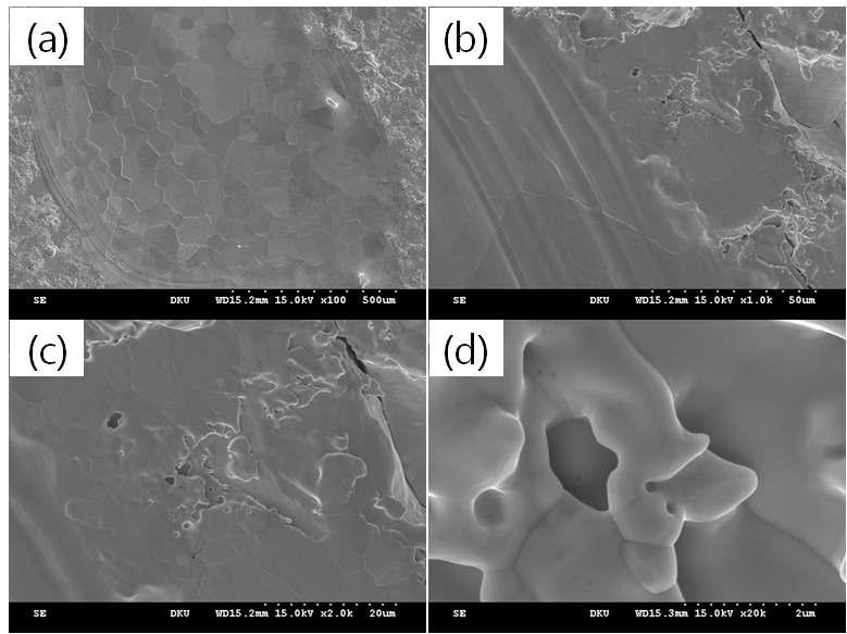 (a)열부하의 집중으로 점용융된 텅스텐표면. 재결정의 형태가 명확하게 드 러나고 있다. x100배의 배율이다. (b)점용융된 경계면. x1000배의 배율이다. (c), (d) 용융되지 않은 부분을 확대한 사진. 각각 x2k, 20k의 배율이다.
