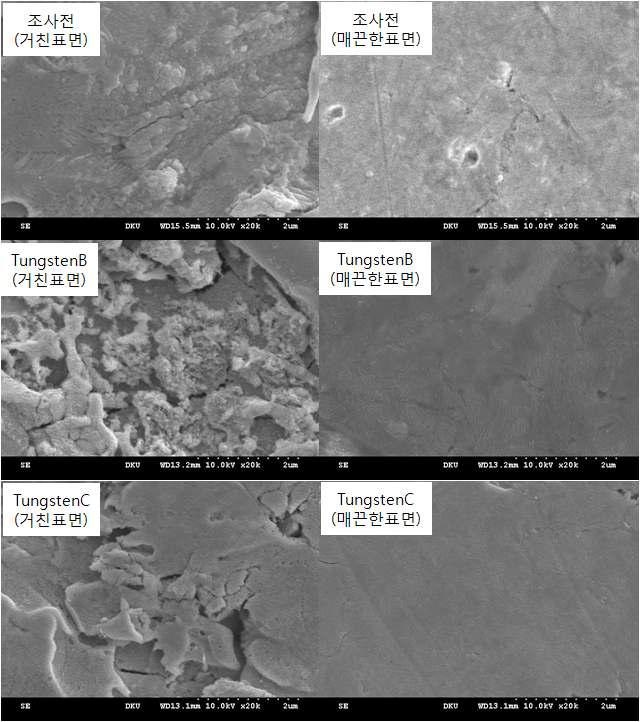 헬륨플라즈마 노출 전후의 텅스텐시료의 표면 FESEM사진.