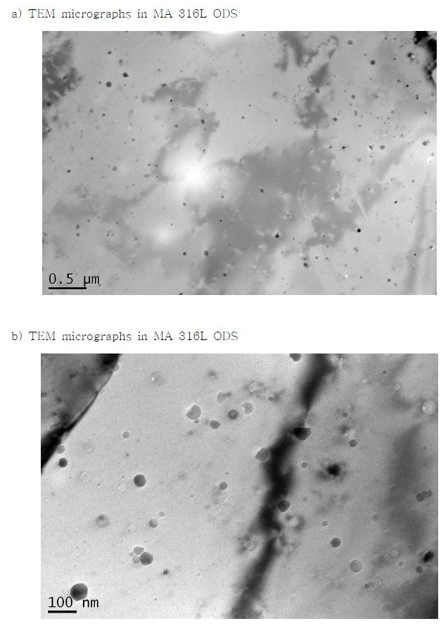 Fig. 2.5.2. TEM micrographs showing oxide particles in MA 316L ODS.