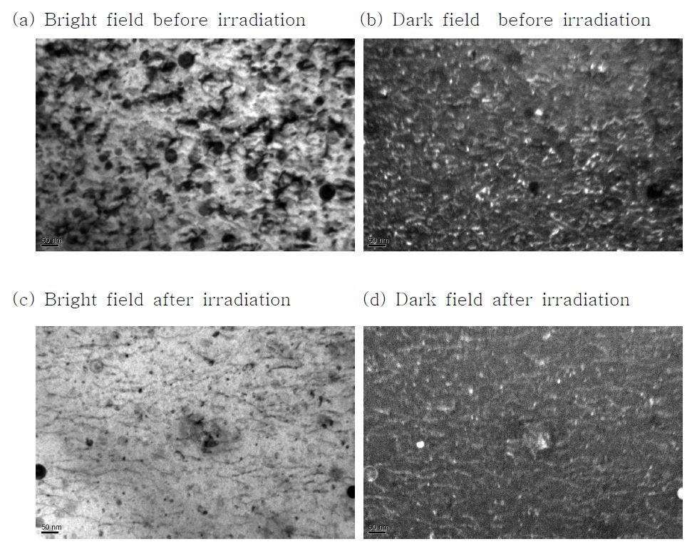 Fig. 2.5.8. Comparison of TEM microstructure before and after ionirradiation in MA 956 Alloy.