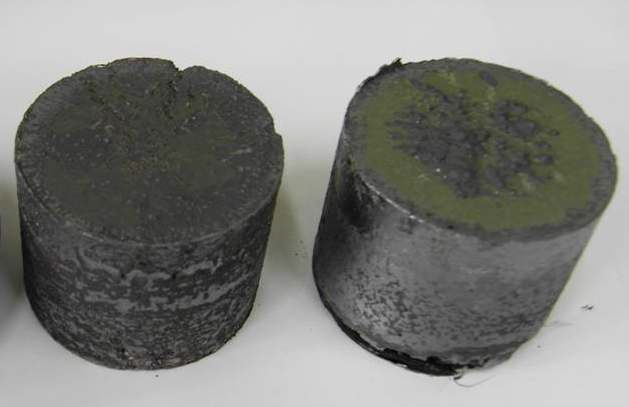 Fig. 2.6.8. Photograph of SPS sintered (a) Fe-11Cr-1.1W and (b)Fe-11Cr-2Nb-1.1W ODS alloy specimens.