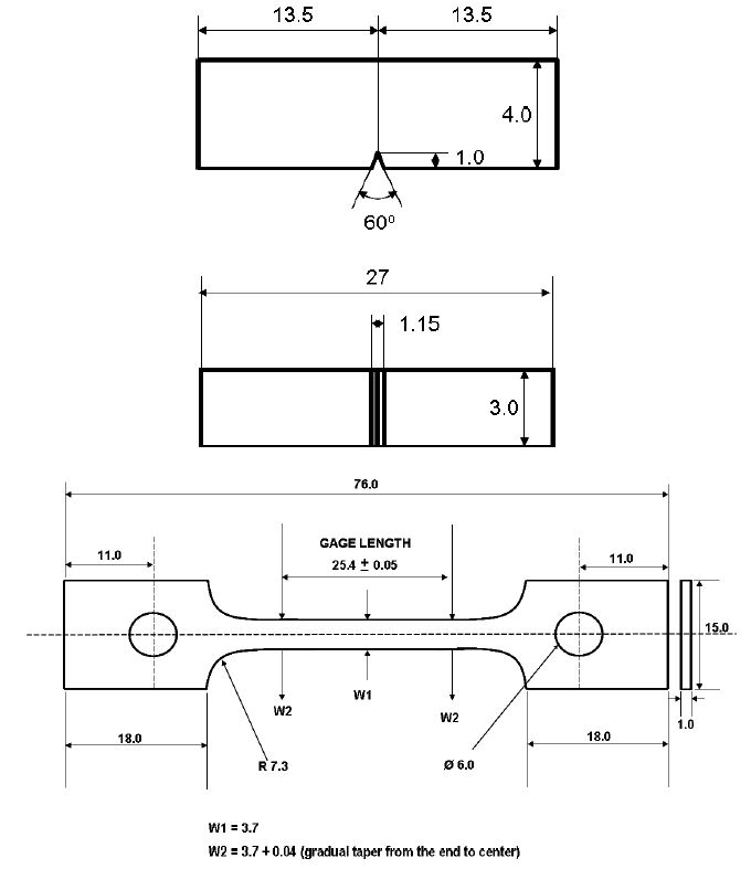 Fig. 2.6.10. Dimension of a) KLST impact specimen and b) pin type tensilespecimen.